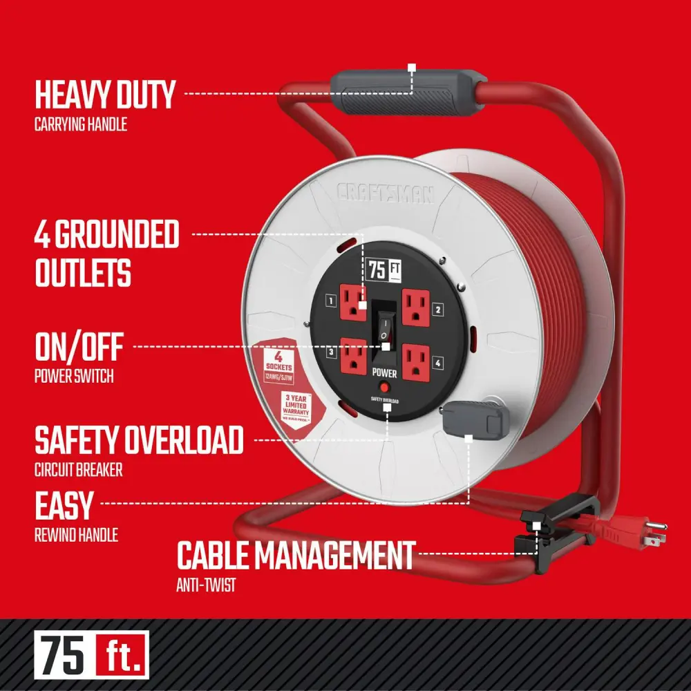 CRAFTSMAN Craftsman Contractor Grade Retractable Extension Cord, 75 Ft with 4 Outlets- 12awg Sjtw Cable- Outdoor Power Cord Reel