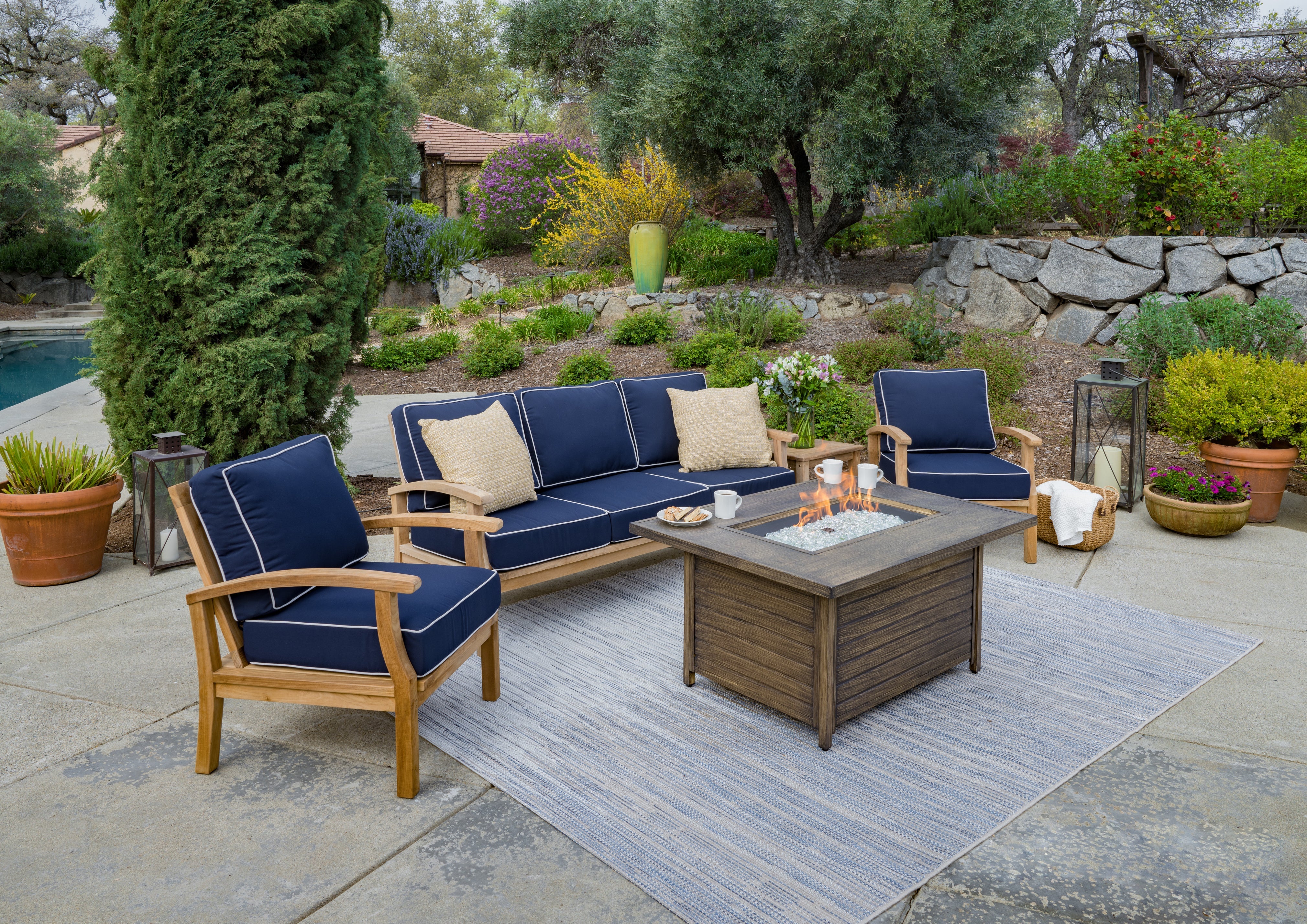 Tortuga Outdoor 5-Piece Indonesian Teak Sofa and Fire Table Set - Canvas Natural or Navy