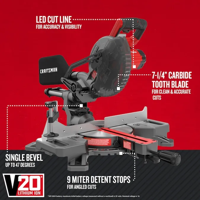 CRAFTSMAN V20 7-1/4-in 20-volt Max Single Bevel Sliding Compound Cordless Miter Saw (Battery and Charger Included)
