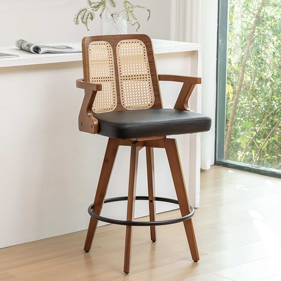 Set of 1 Swivel Rattan Counter Stool - 27 inch Mid Century Modern Bar Stool with Cane Back, Walnut Craftsmanship, Upholstered Seat, Modern Bar Stools for Kitchen/Island/Counter (Walnut Black)