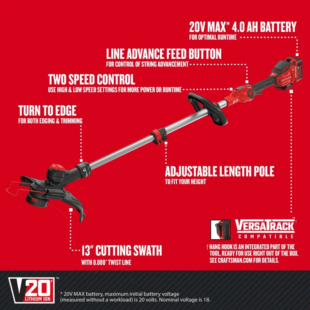 CRAFTSMAN V20 20-volt Max 13-in Straight Shaft Battery String Trimmer 4 Ah (Battery and Charger Included)