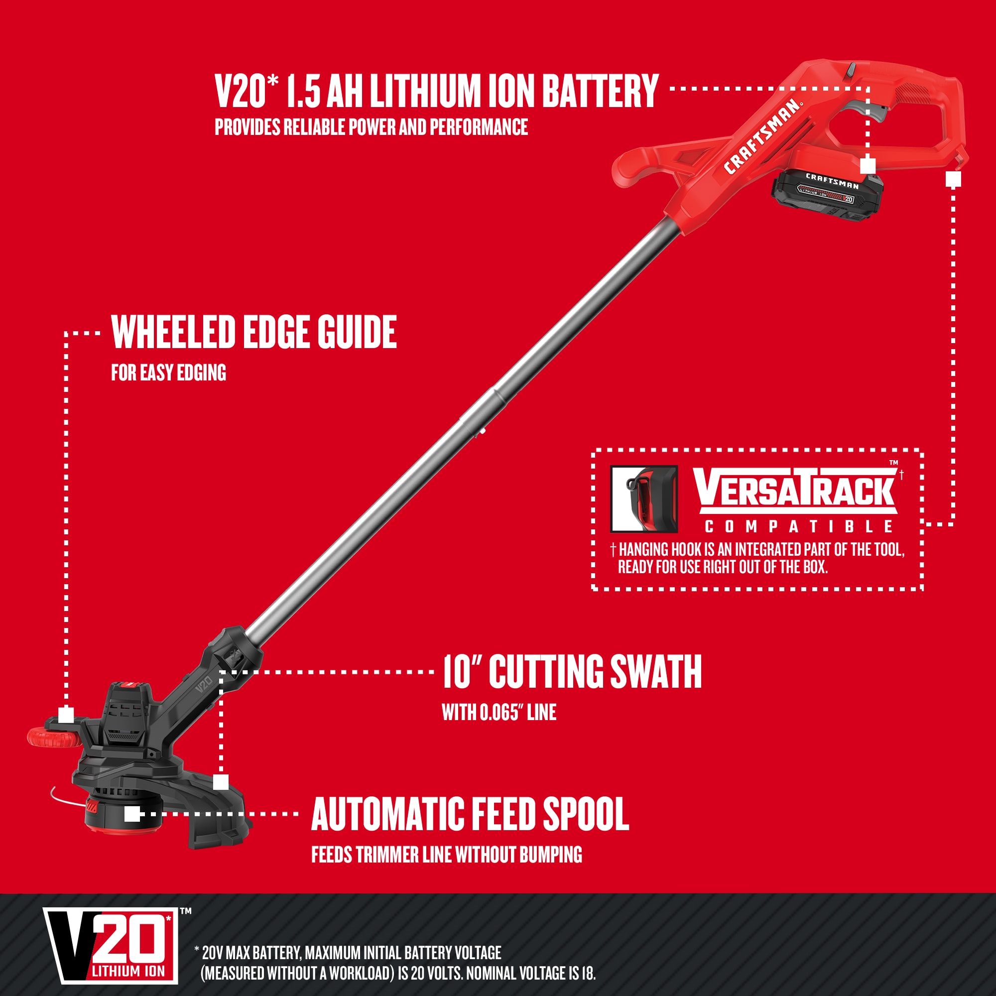 CRAFTSMAN 20-volt Max 10-in Straight Battery String Trimmer with Edger Conversion Capable 1.5 Ah (Battery and Charger Included)