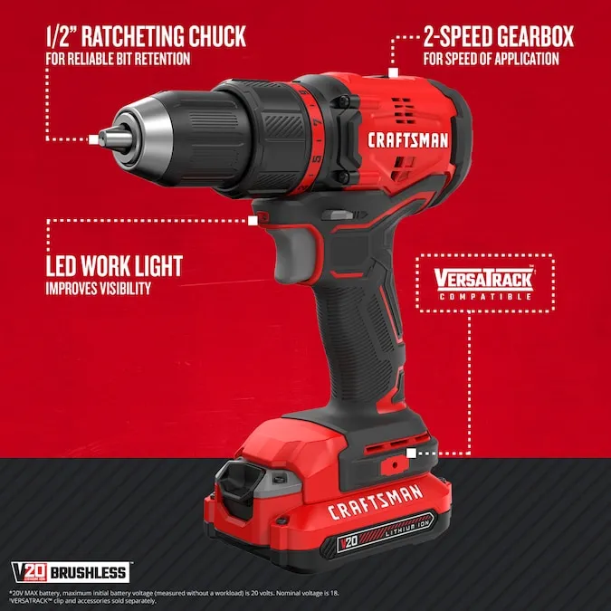 CRAFTSMAN V20 20-volt Max 1/2-in Brushless Cordless Drill (1-Battery Included, Charger Included and Soft Bag included)