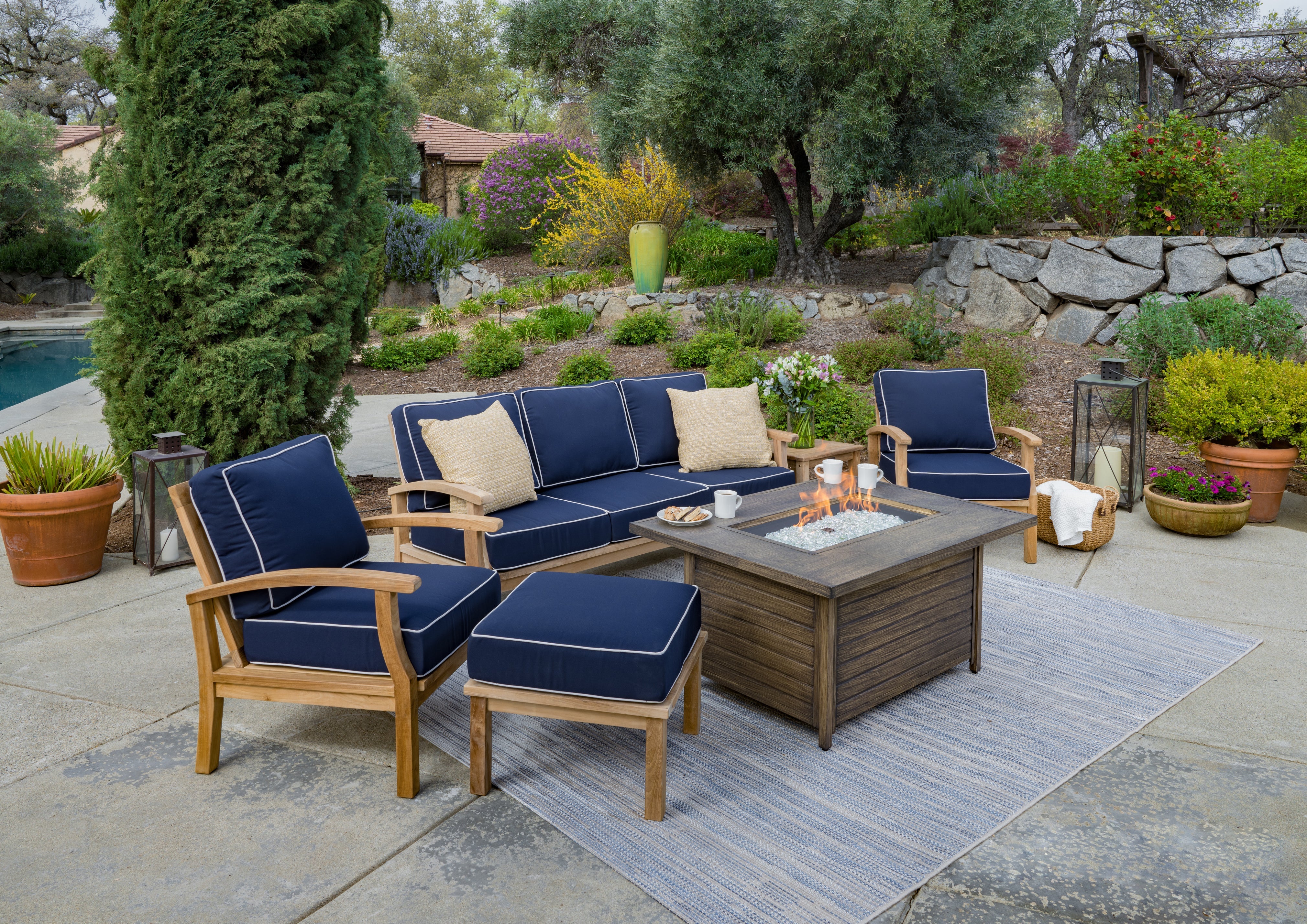 Tortuga Outdoor 6-Piece Indonesian Teak Sofa and Fire Table Set - Canvas Natural or Navy