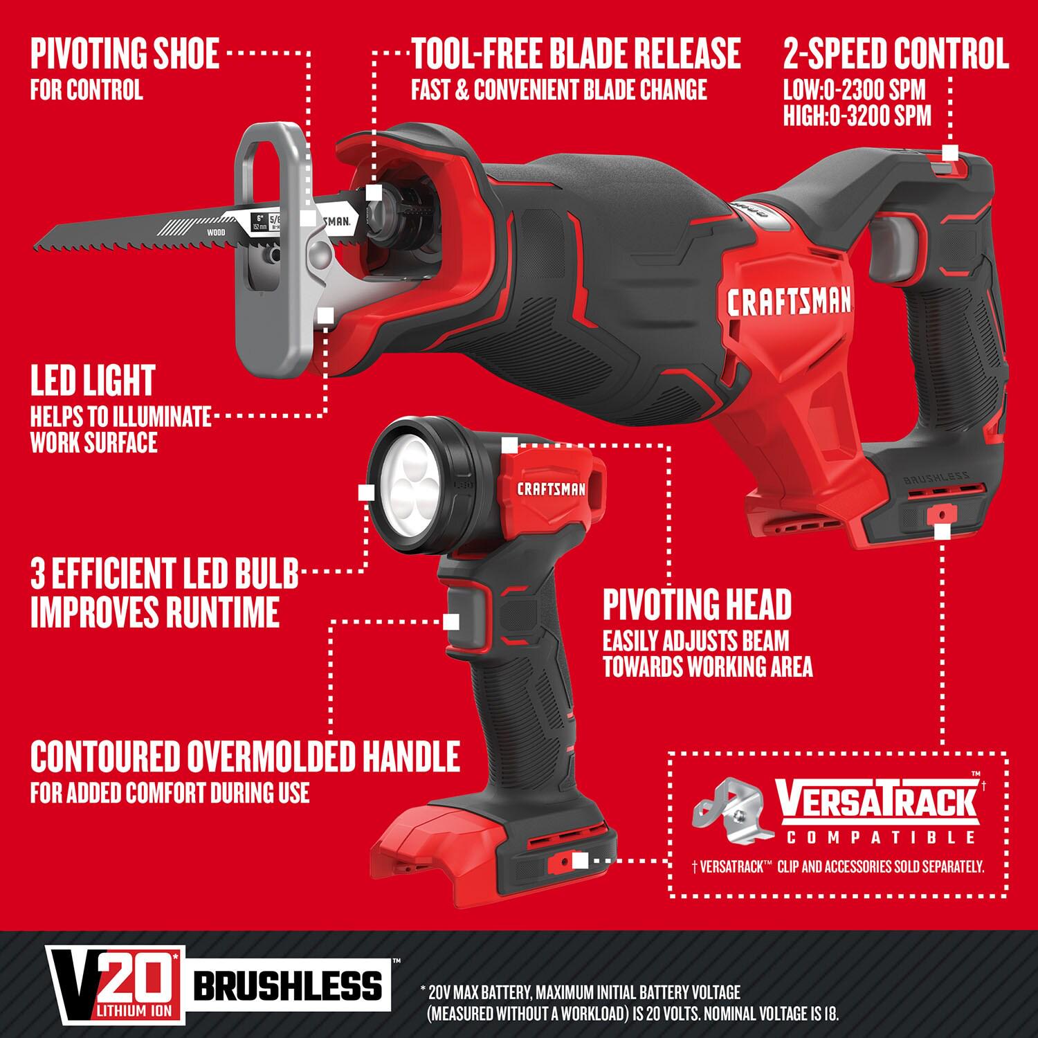 CRAFTSMAN 4-Tool Brushless Power Tool Combo Kit with Soft Case (2-Batteries Included and Charger Included)