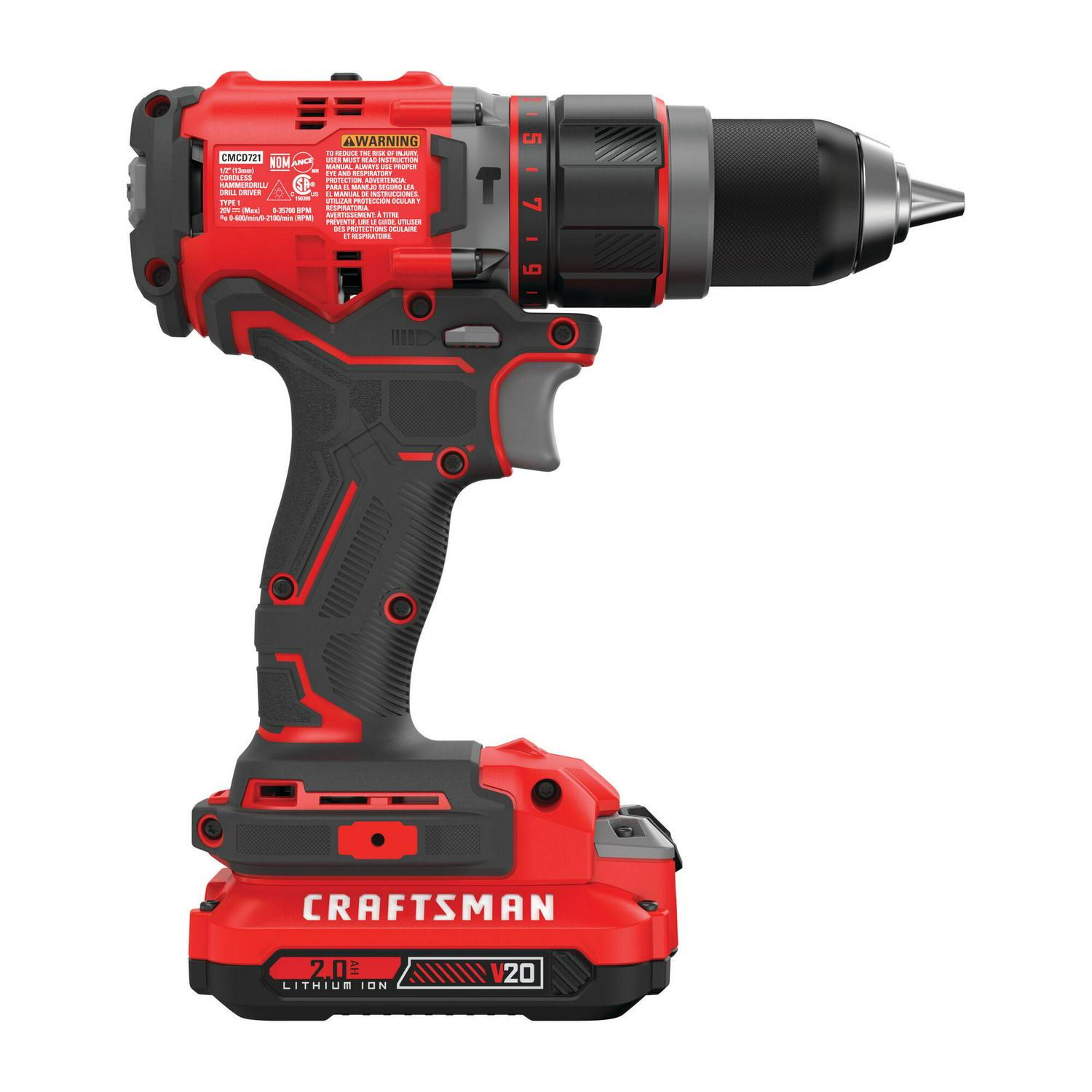 CRAFTSMAN V20 1/2-in 20-volt Max Variable Speed Brushless Cordless Hammer Drill (2-Batteries Included)