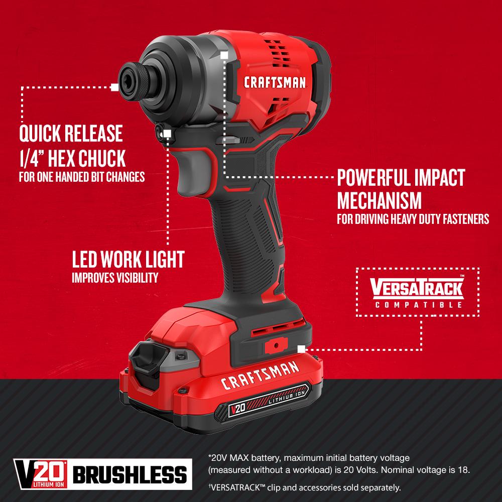 CRAFTSMAN V20 20-volt Max Brushless Cordless Impact Driver (1-Battery Included, Charger Included and Soft Bag included)