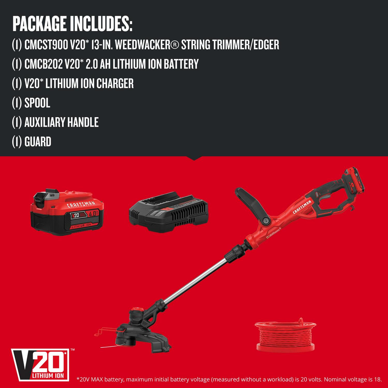 CRAFTSMAN V20 20-volt Max 13-in Straight Shaft Battery String Trimmer 2 Ah (Battery and Charger Included)