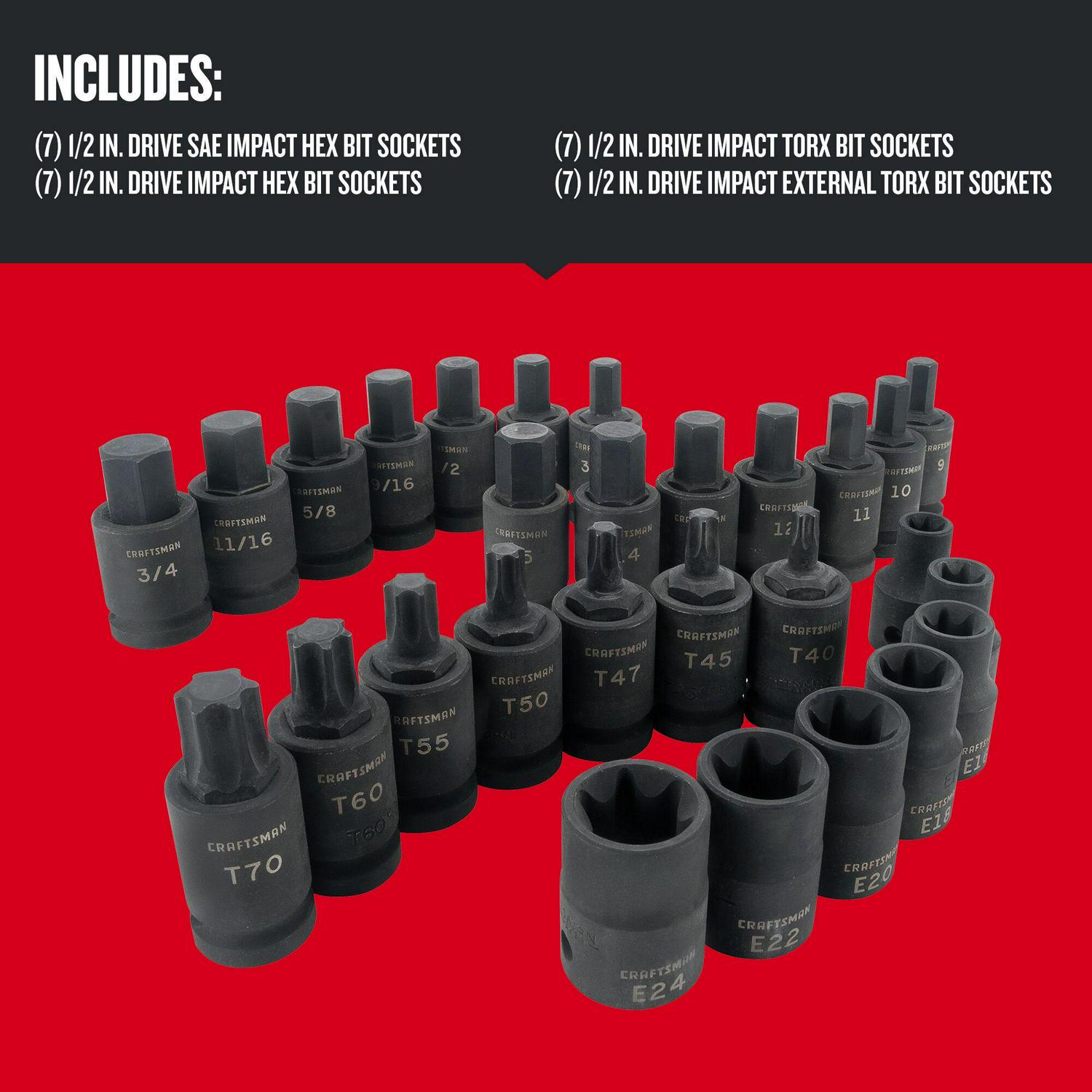 CRAFTSMAN 28-Piece Standard (SAE) and Metric Combination 1/2-in Drive Set 6-point Impact Socket Set