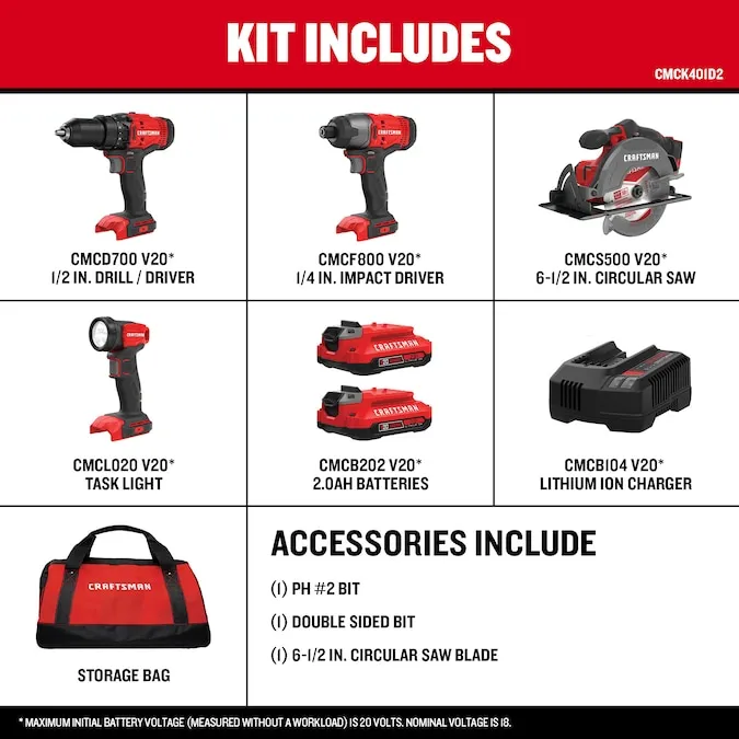 CRAFTSMAN V20 4-Tool Power Tool Combo Kit (2-Batteries Included and Charger Included)