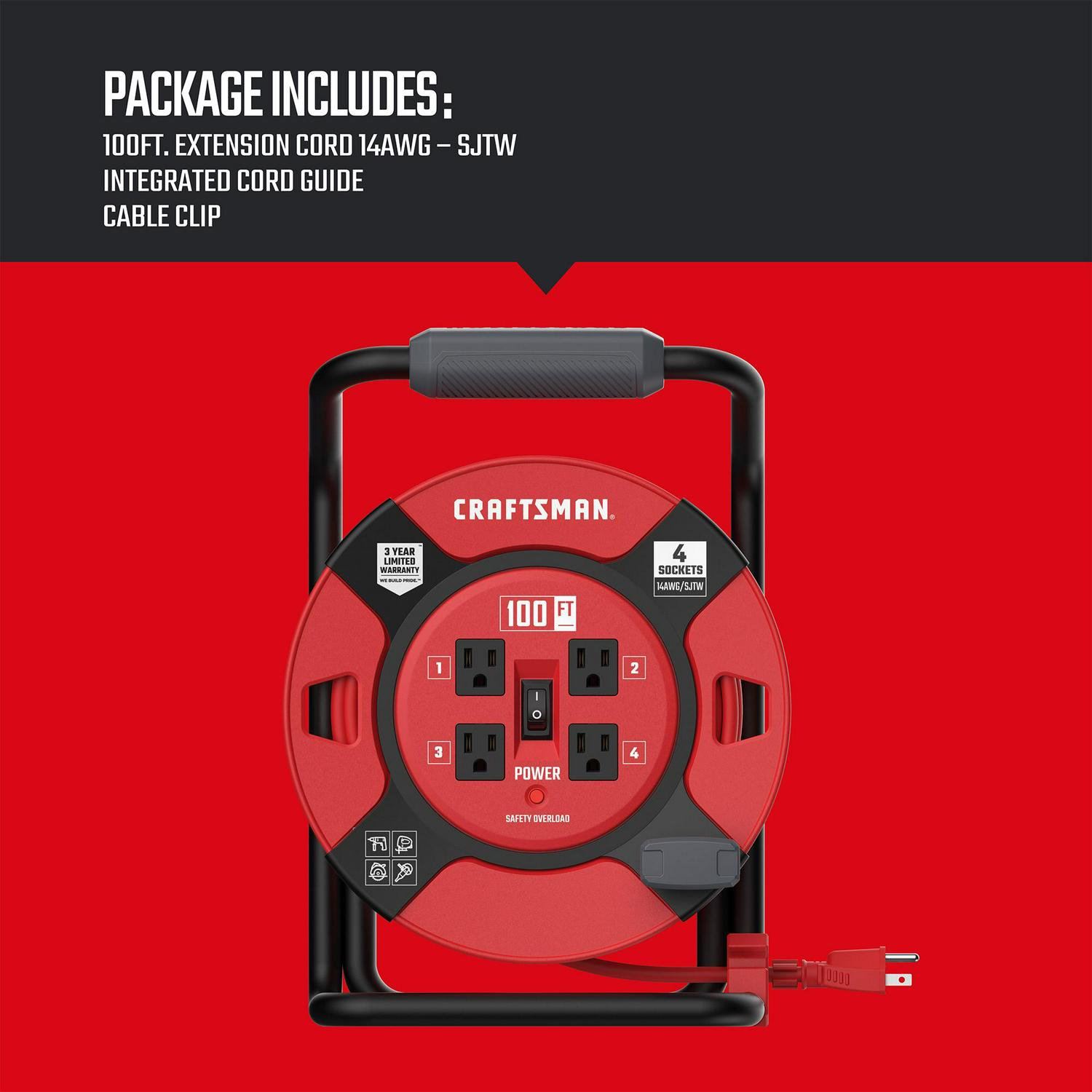 CRAFTSMAN Heavy Duty Retractable Extension Cord, 100 Ft with 4 Outlets- 14awg Sjtw Cable- Outdoor Power Cord Reel