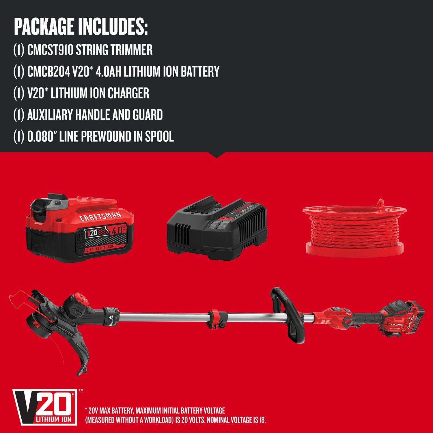 CRAFTSMAN V20 20-volt Max 13-in Straight Shaft Battery String Trimmer 4 Ah (Battery and Charger Included)