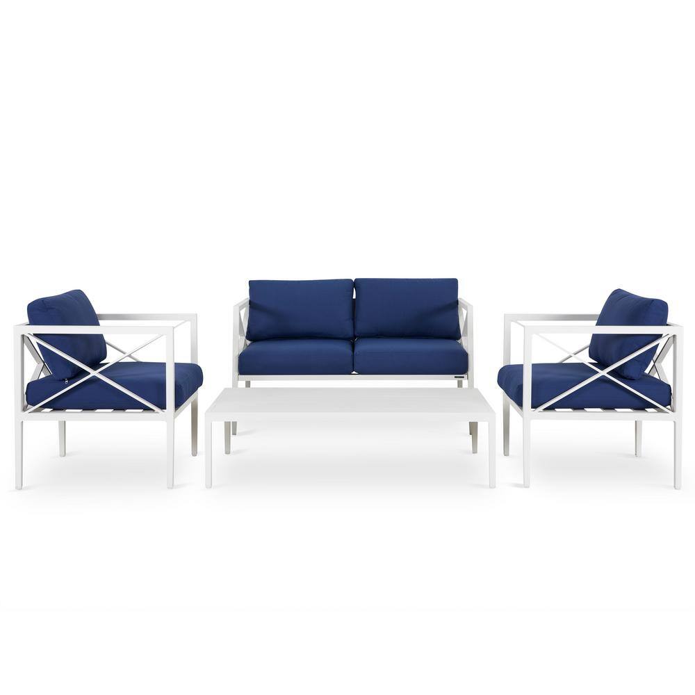 Nuu Garden White 4-Piece Aluminum Outdoor Patio Conversation Sofa Seating Set with Dark Blue Cushions