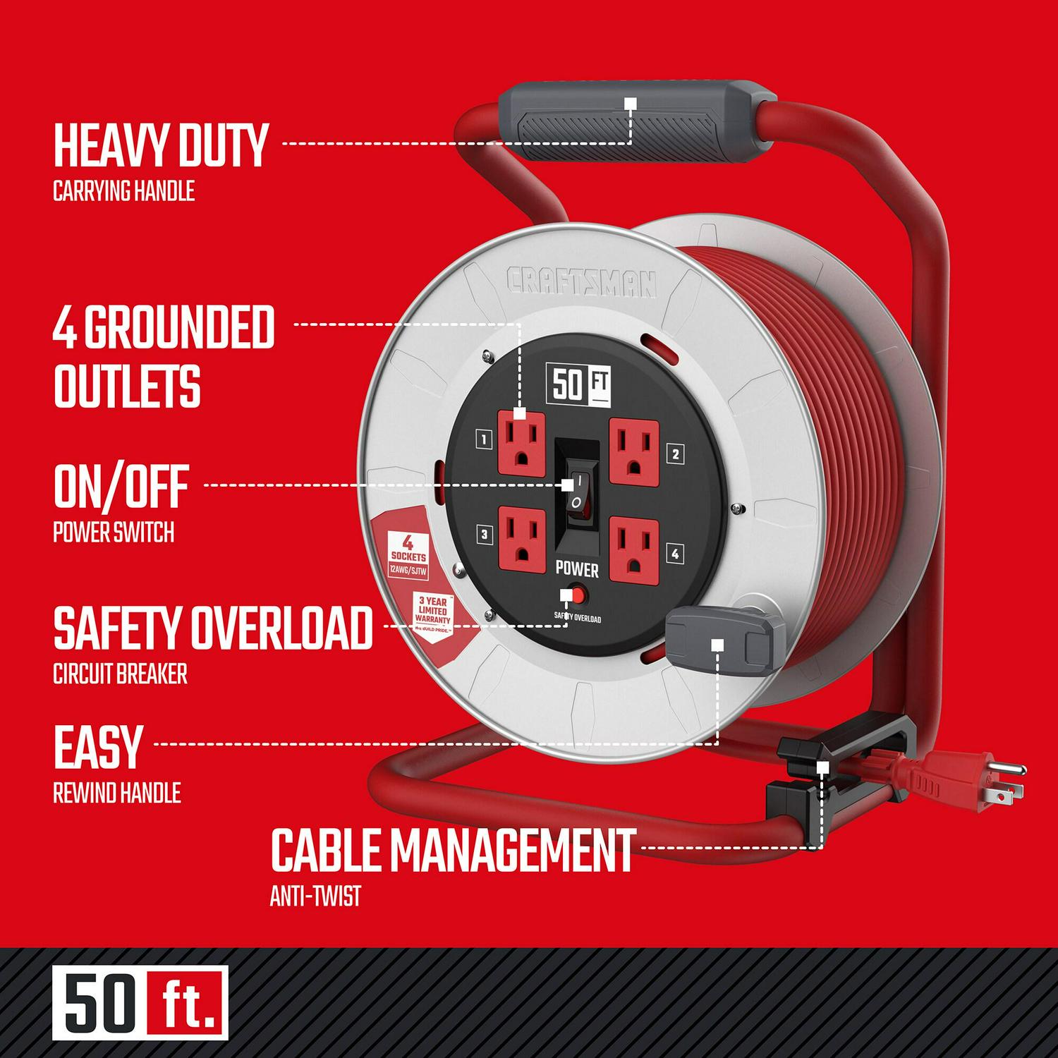 CRAFTSMAN Craftsman Contractor Grade Retractable Extension Cord, 50 Ft with 4 Outlets- 12awg Sjtw Cable- Outdoor Power Cord Reel