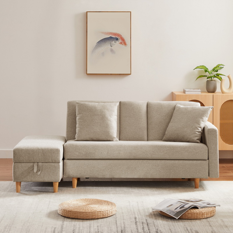 Adjustable L-Shaped Sofa Bed with Chaise 2P Beige, Upholstered Fabric Sleeper Sectional Sofa with Chaise Modern Craftsmanship Fashion Sofa Set, Apartment Living Room Sofa with for Small Space