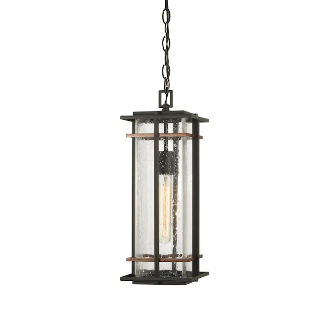 Minka Lavery San Marcos Black with Antique Copper Accents Craftsman Seeded Glass Linear Led Outdoor Hanging Pendant Light