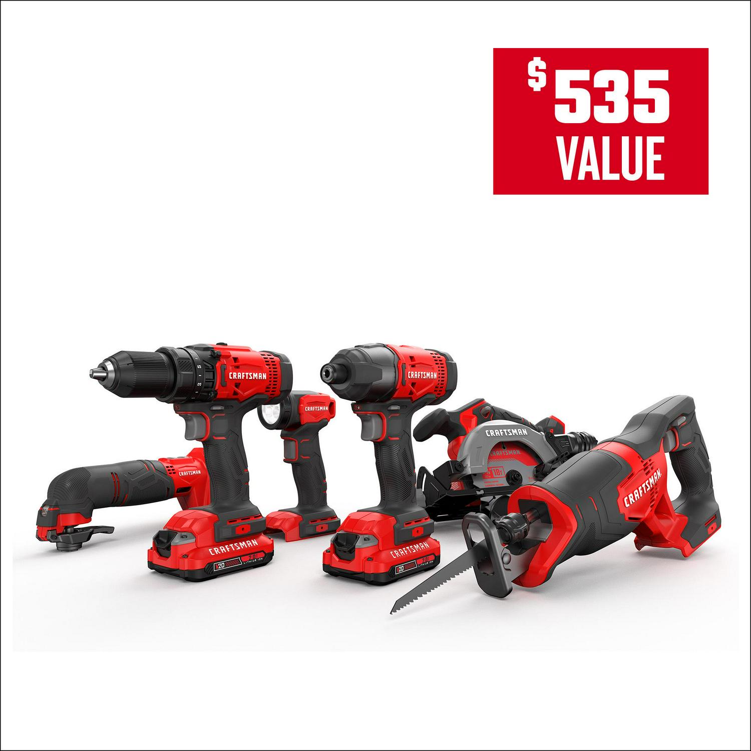 CRAFTSMAN 6-Tool Power Tool Combo Kit with Soft Case (2-Batteries Included and Charger Included)