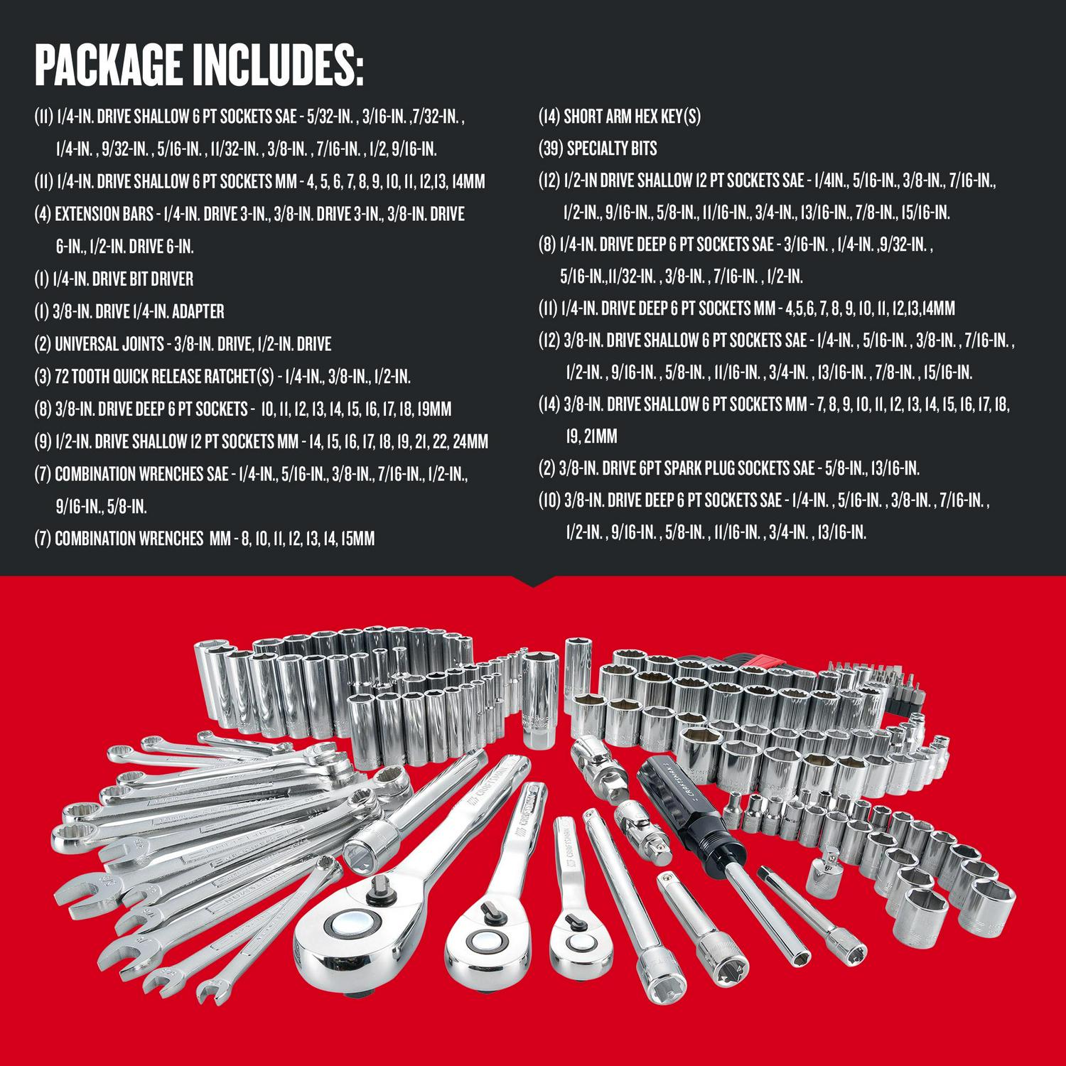 CRAFTSMAN 189-Piece Standard (SAE) and Metric Polished Chrome Mechanics Tool Set with Hard Case