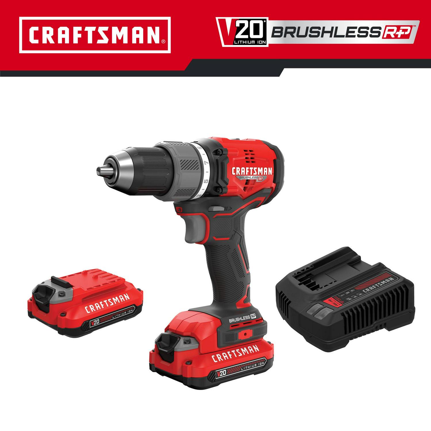 CRAFTSMAN V20 RP 20-volt Max 1/2-in Brushless Cordless Drill (2-Batteries Included, Charger Included and Soft Bag included)