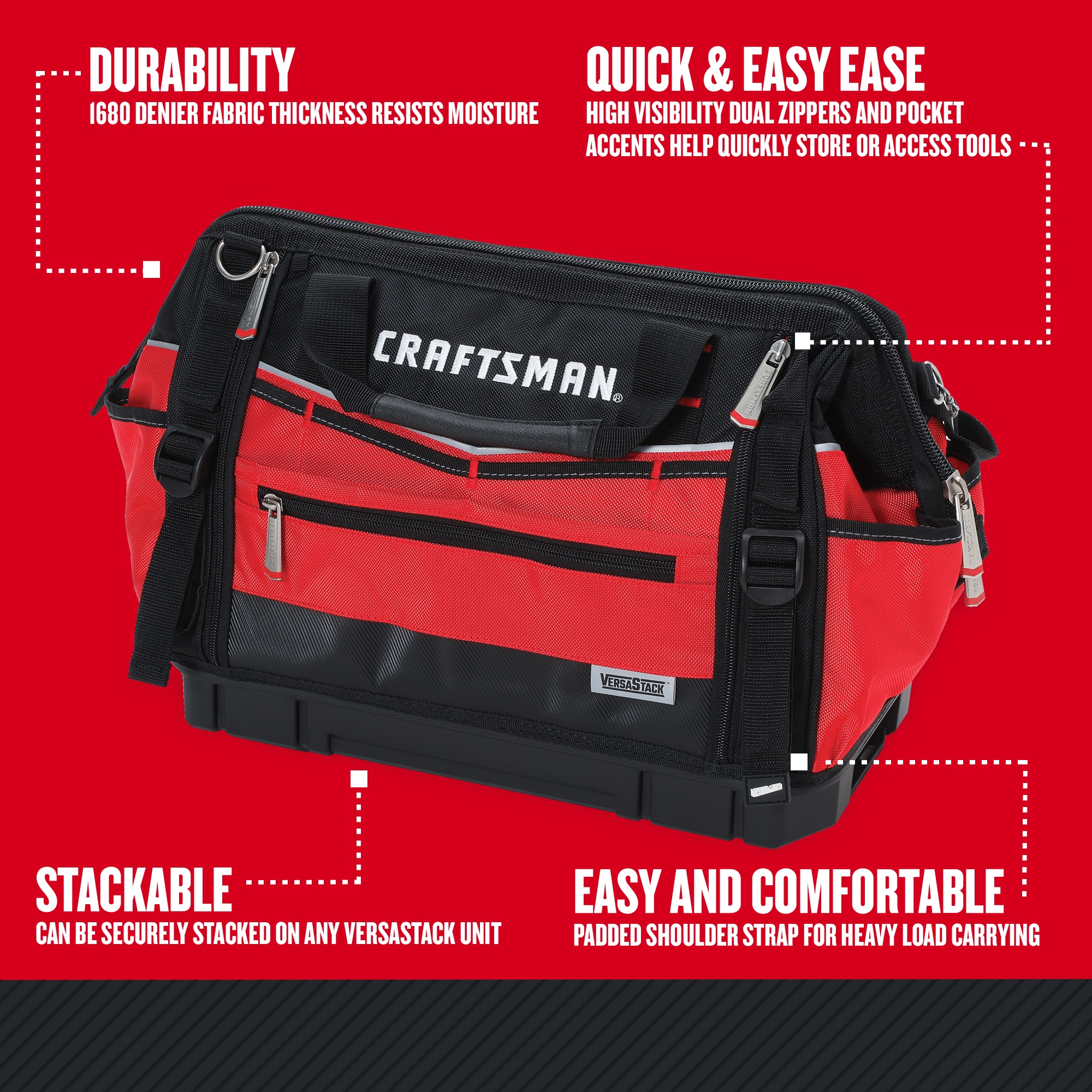 CRAFTSMAN VERSASTACK Red/Black Polyester 17-in Zippered Tool Bag