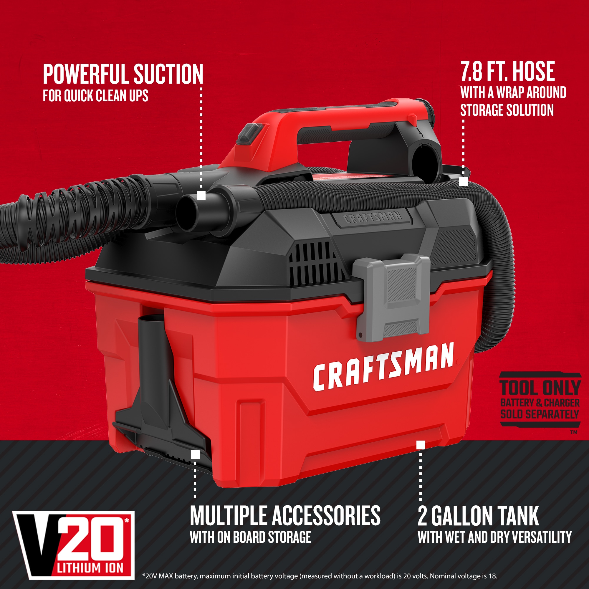CRAFTSMAN V20 35-CFM 20-volt Max 2-Gallons Cordless Wet/Dry Shop Vacuum with Accessories Included (Bare Tool)