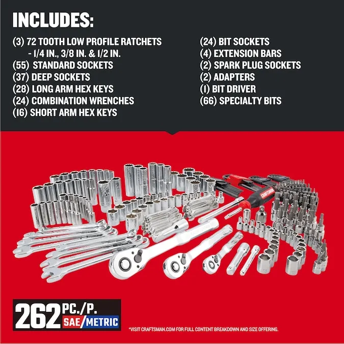 CRAFTSMAN 262-Piece Standard (SAE) and Metric Polished Chrome Mechanics Tool Set with Hard Case