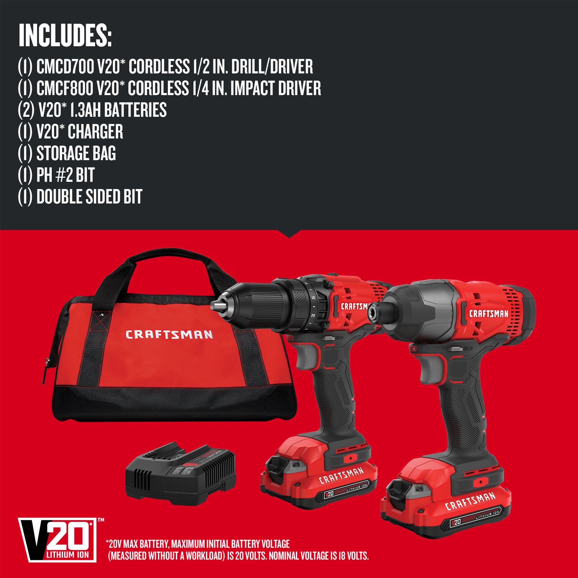 CRAFTSMAN V20 2-Tool Power Tool Combo Kit with Soft Case (2-Batteries Included and Charger Included)