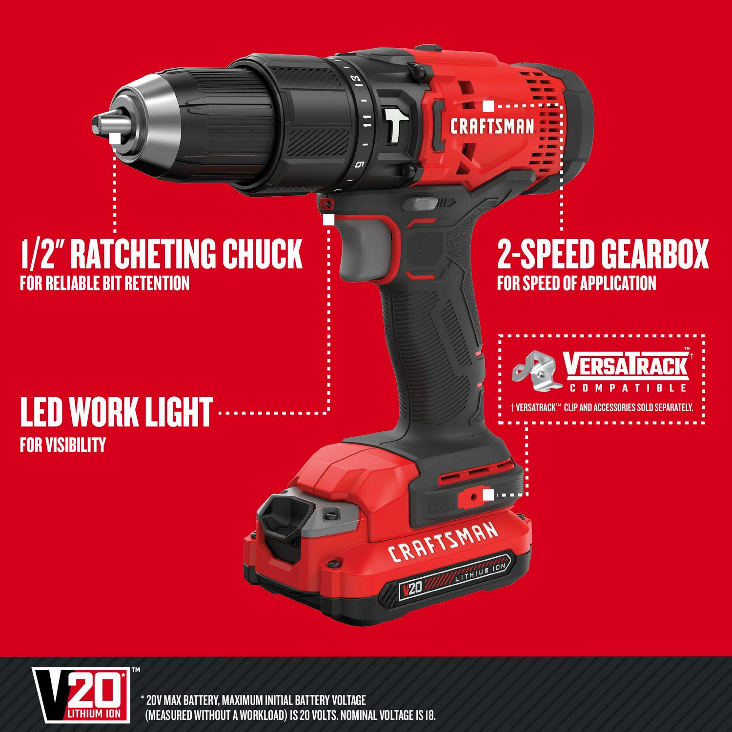 CRAFTSMAN 1/2-in 20-volt Max Variable Speed Cordless Hammer Drill (2-Batteries Included)