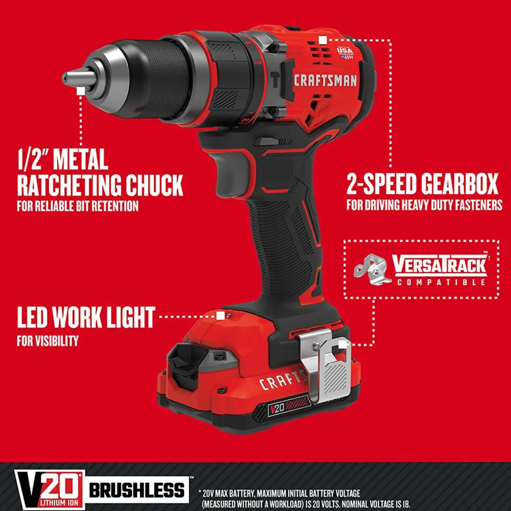 CRAFTSMAN V20 1/2-in 20-volt Max Variable Speed Brushless Cordless Hammer Drill (2-Batteries Included)