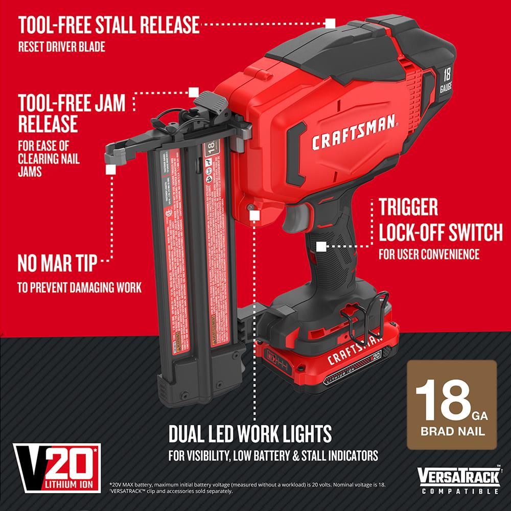 CRAFTSMAN V20 2-in 18-Gauge Cordless Brad Nailer (Battery and Charger Included)