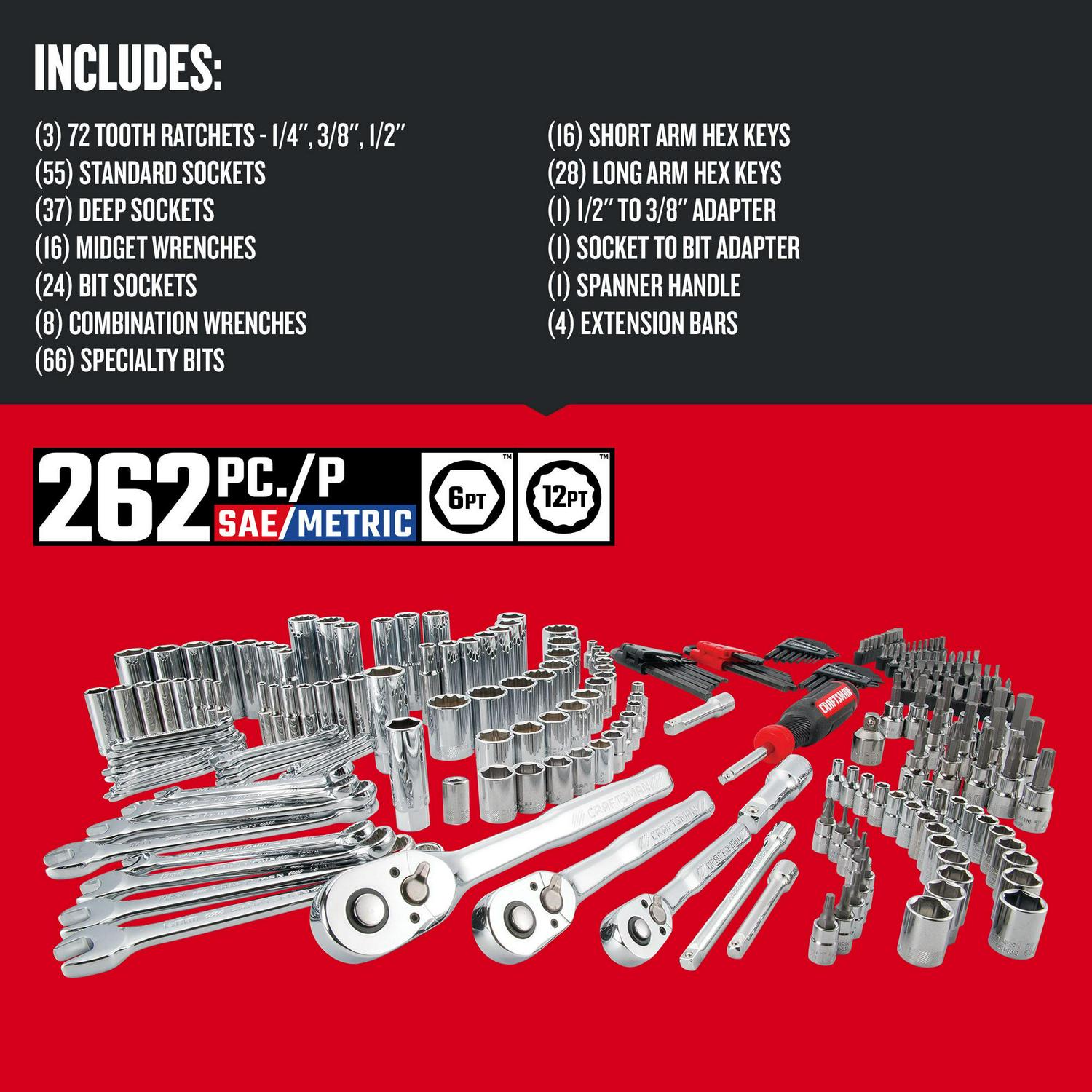 CRAFTSMAN 262-Piece Standard (SAE) and Metric Combination Polished Chrome Mechanics Tool Set with Hard Case