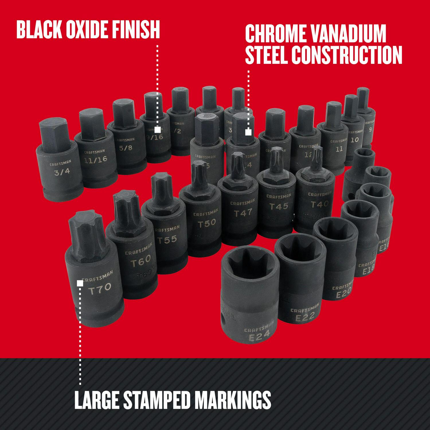 CRAFTSMAN 28-Piece Standard (SAE) and Metric Combination 1/2-in Drive Set 6-point Impact Socket Set