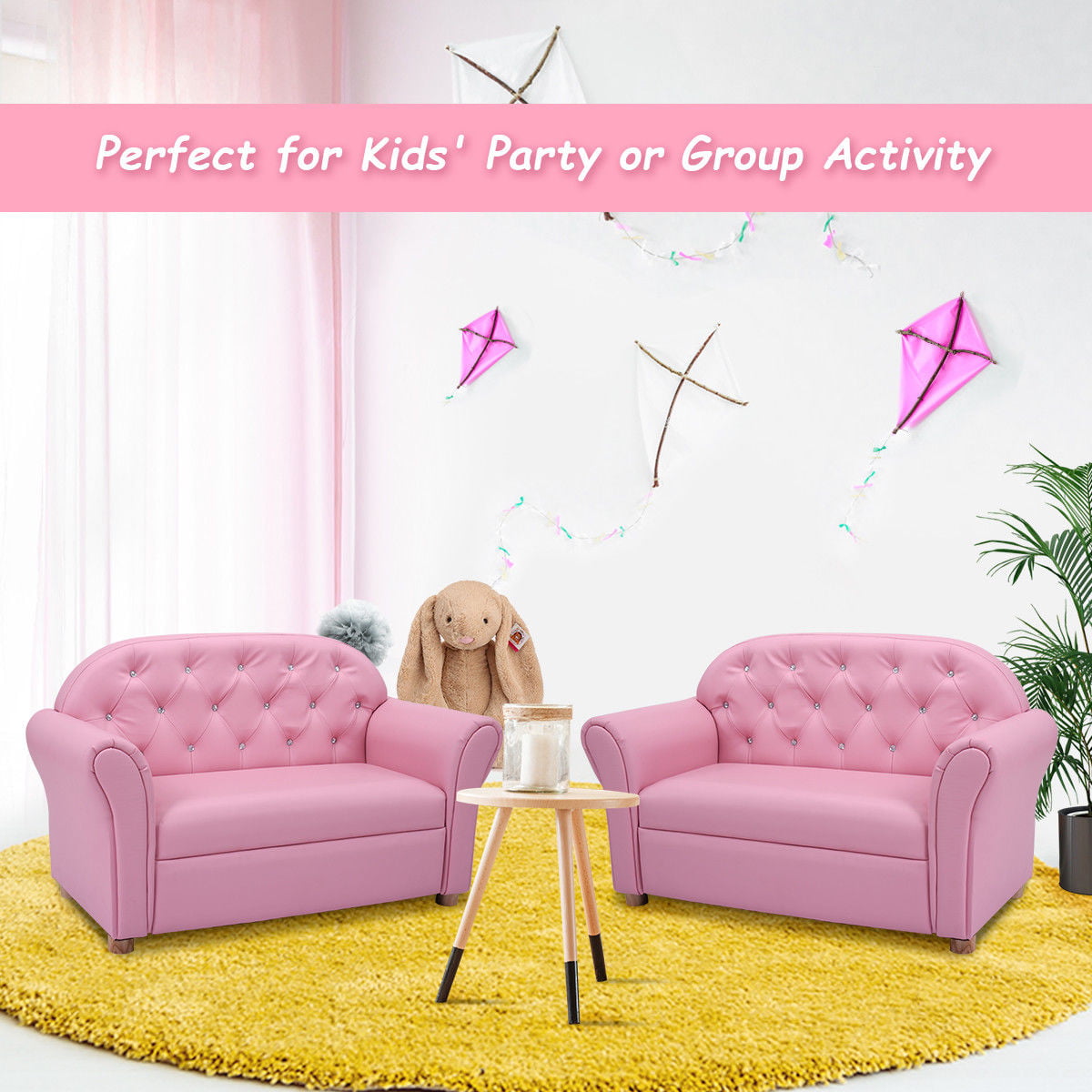 Costway Kids Sofa Princess Armrest Chair Lounge Couch Children Toddler Gift Wood Frame + Sponge + PVC Pink