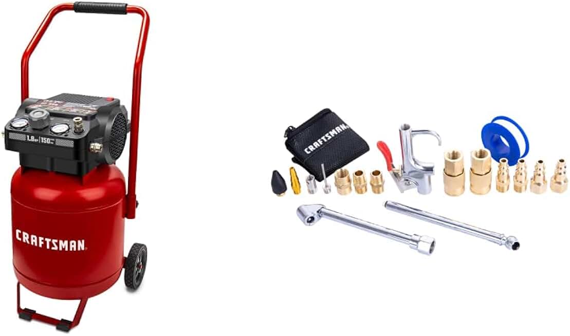 Craftsman Air Compressor, 10 Gallon Peak 1.8 Horsepower Oil-free Compressor, Max 150 PSI, Vertical Compressor Air Tools, Model: CMXECXA0331042, Red & Craftsman 18-pc. Air Accessory Kit (CMXZTSG1004NB)