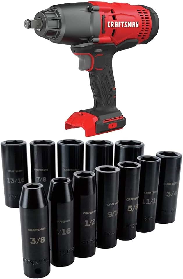 CRAFTSMAN V20 Cordless Impact Wrench, Tool Only with Deep Impact Socket Set, SAE, 1/2-Inch, 12 Pieces (CMCF900B & CMMT15886)