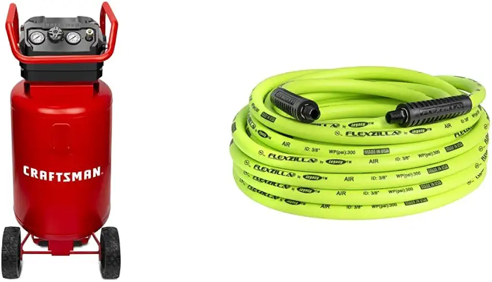 CRAFTSMAN Air Compressor, 20 Gallon, 1.8 HP, Oil-Free Air Tools, Red & Flexzilla Air Hose, 3/8 in. x 50 ft, 1/4 in. MNPT Fittings, Heavy Duty, Lightweight, Hybrid, ZillaGreen - HFZ3850YW2