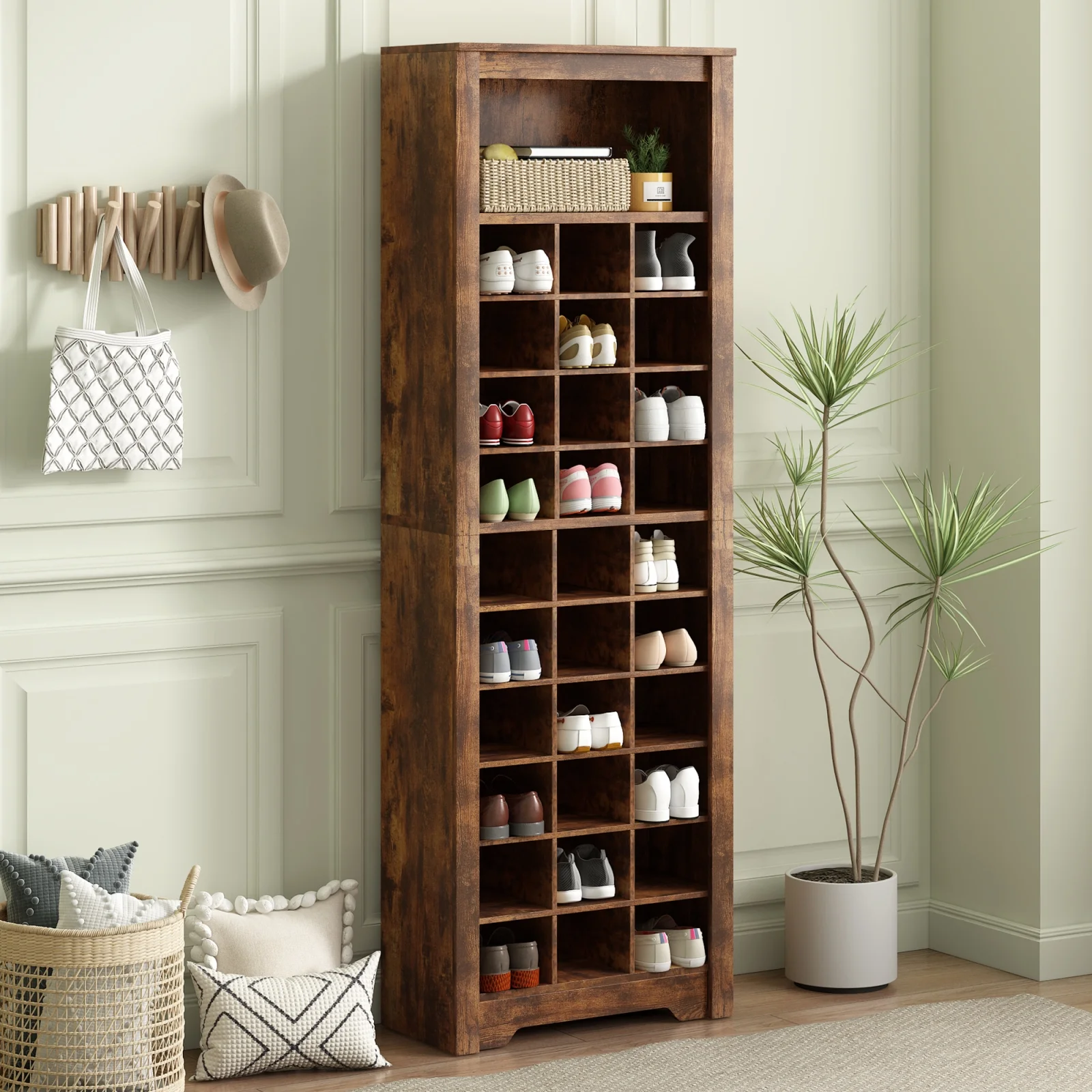Rustic Brown 30-Cubby Shoe Cabinet, Contemporary Tall Storage Organizer for Hallway and Bedroom, Versatile Standalone Furniture, Graceful Finish, Particle Board Craftsmanship