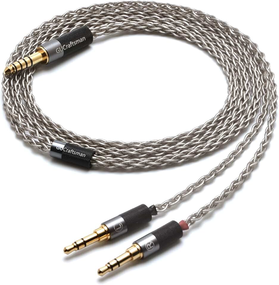 GUCraftsman 6N Single Crystal Silver Upgrade Cable 2.5mm/4.4mm Balanec Headphone Upgrade Cables for Beyerdynamic T1 2nd T5P 2nd T5P 3nd Final d8000Pro Denon AH-D5200 AH-D7200 AH-D9200 (4.4mm Plug)