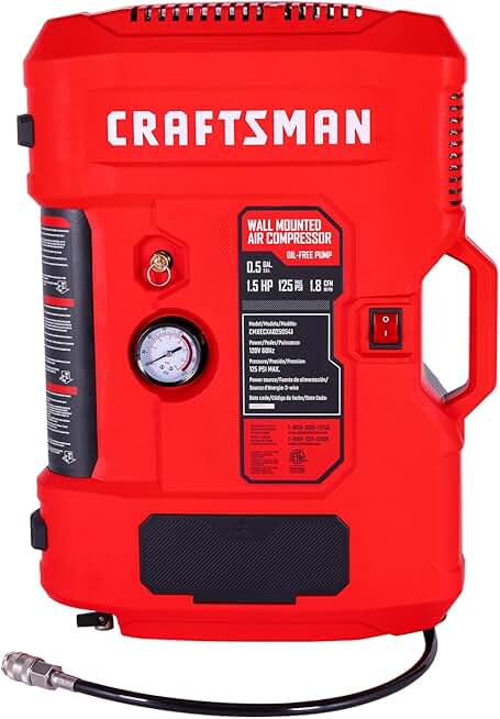 CRAFTSMAN Air Compressor 1.5HP 125 PSI Pressure Max Wall-Mountable Oil-Free Portable for Car and Bike