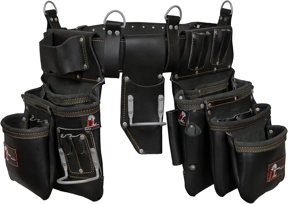 Daisy Leather PRO DL-101 Oil tanned Premium 25 pockets Heavy duty Tool Belt, Carpenter belt Pouch for Construction, Carpenter, Craftsman and Electricians workers, Black, X-Large