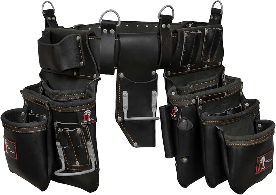 Daisy Leather PRO DL-101 Oil tanned Premium 25 pockets Heavy duty Tool Belt, Carpenter belt Pouch for Construction, Carpenter, Craftsman and Electricians workers, Black, X-Large