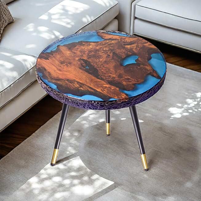 Small End Table with Epoxy Resin Craftsmanship and Natural Wood Finish - Perfect Accent Table for Bedroom and Living Room Decor, Modern Side Table for Home