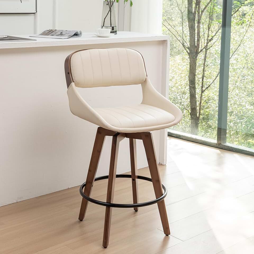 Set of 1 Counter Height Bar Stool - 26.4 inch Mid Century Modern Counter Stool with Upholstered Faux Leather, Cushion Back, Walnut Craftsmanship, Versatile for Kitchen/Counter/ Island (Walnut Beige)