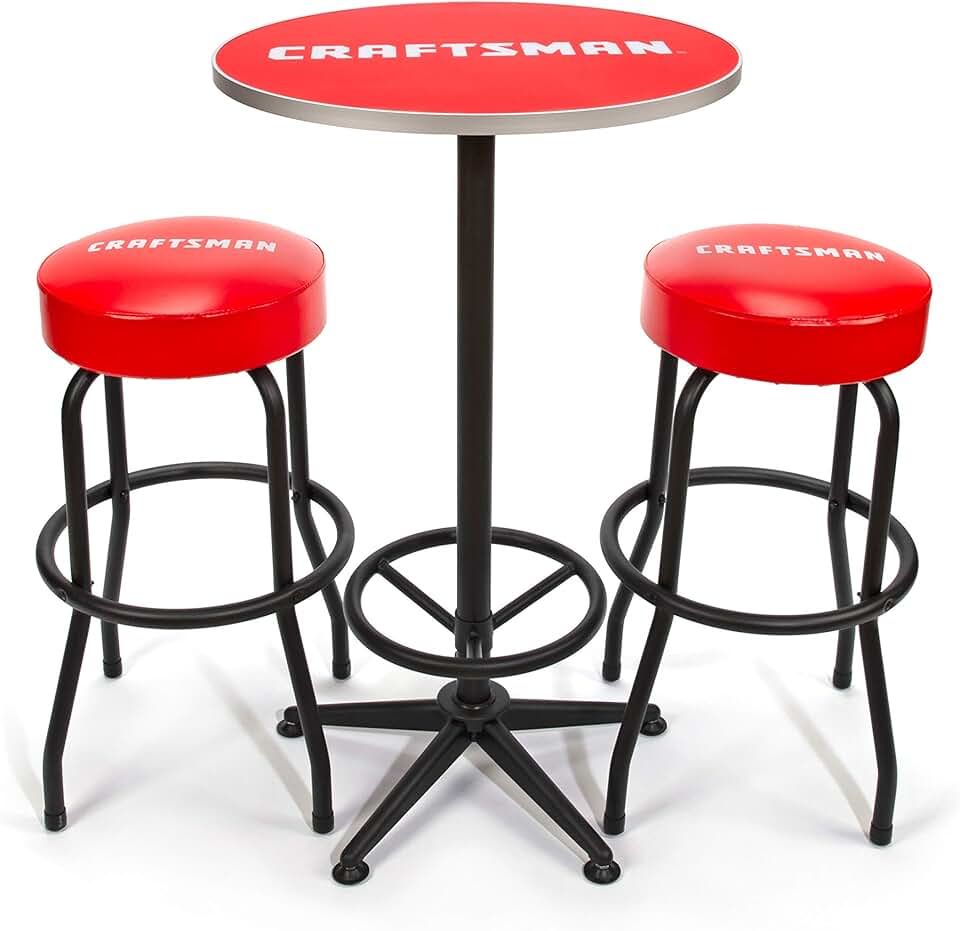 CRAFTSMAN 3-Piece Workshop/Garage Table and Shop Stool Set, 39-inch High Circular Table, 28.5-inch High Rip-Resistant Cushioned Stools, 360-degree Footrests (CMXZSAJ94793)