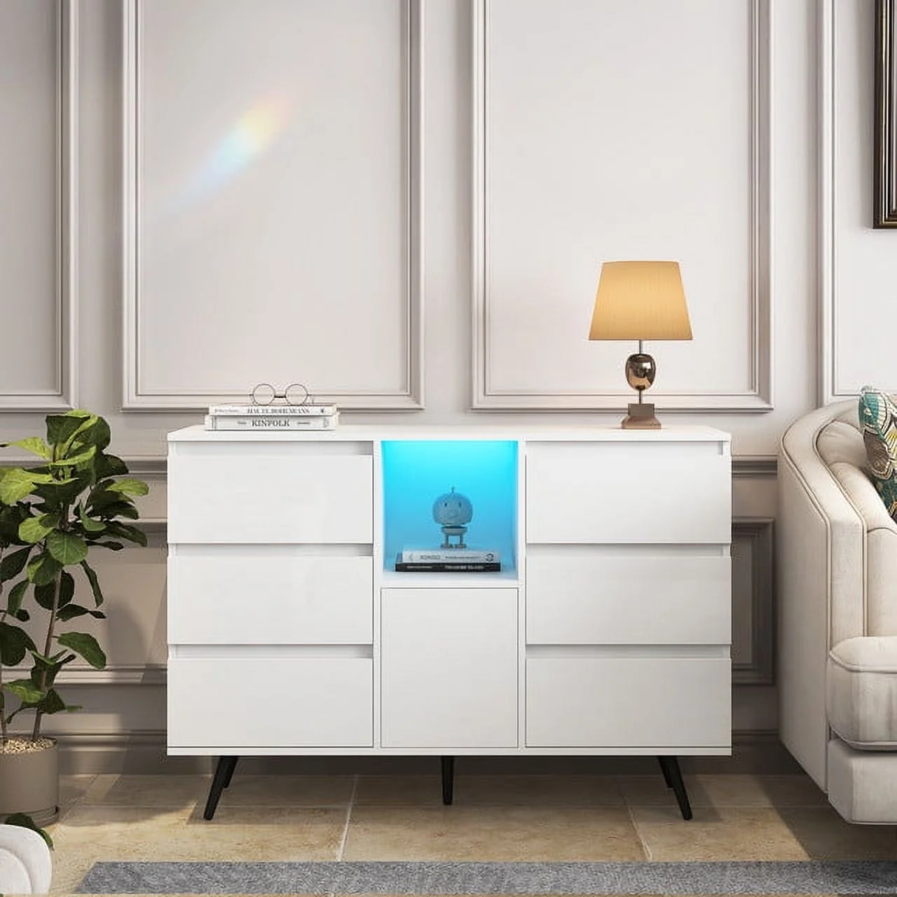 High Gloss White Living Room Sideboard Storage Cabinet with LED Light - Modern Kitchen Buffet Display - MDF Craftsmanship - Unique Design with Practical Storage & Decorative Appeal