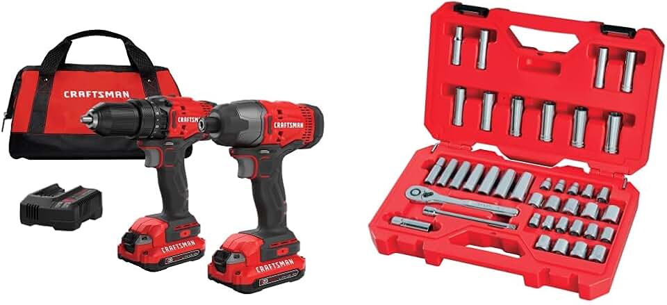 CRAFTSMAN V20* Cordless Drill Combo Kit, 2 Tool w/Mechanics Tool Set, SAE/Metric, 3/8-Inch Drive, 40-Piece (CMCK200C2 & CMMT12018)