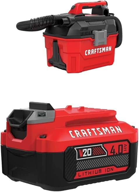 Craftsman V20 Cordless Shop Vac, 2 Gallon, Wet/Dry with Lithium Ion Battery, 4.0-Amp Hour, Charger Sold Separately (CMCV002B & CMCB204)