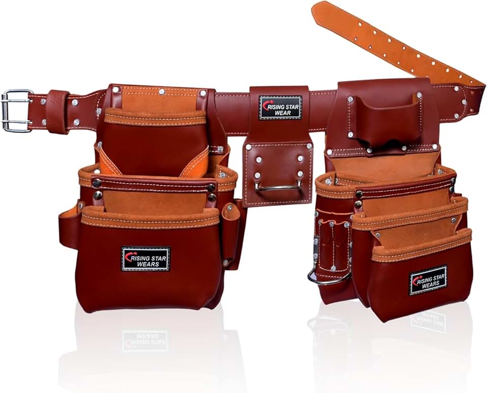 RISING STAR WEARS 100% GENUINE LEATHER MAROON TOOLBELT PERFECT FOR CONSTRUCTION, CARPENTERS, ELECTRICIANS, PLUMBERS AND CRAFTSMAN, MULTIPURPOSE 18 POCKETS WAIST TOOL BAG POUCHES AND BACKPACK ORGANIZER