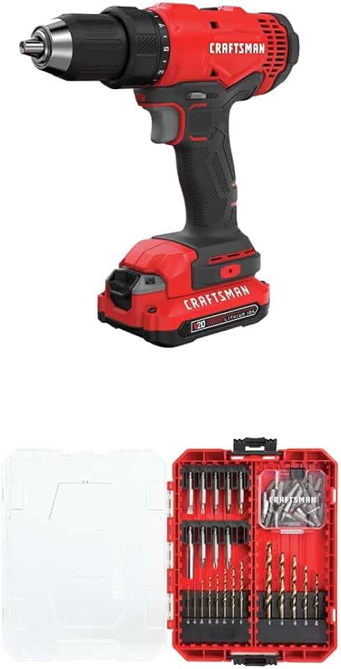 CRAFTSMAN V20* Cordless Drill/Driver Kit (CMCD701C2) w/CRAFTSMAN Drill/Driver Set, 53-Piece (CMAF1253)