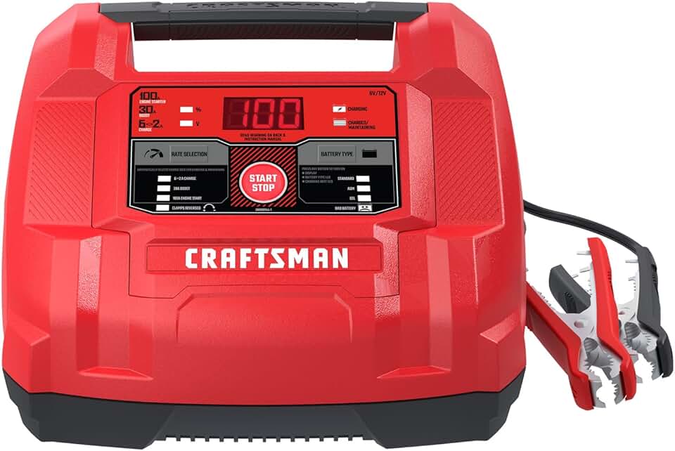 CRAFTSMAN Fully Automatic 6-in-1 Automotive Battery Charger, Jump Starter, Maintainer with Built-in Battery and Alternator Tester, Desulfator, CMXCESM253, 100 Cranking Amps, 6 Volt and 12 Volt